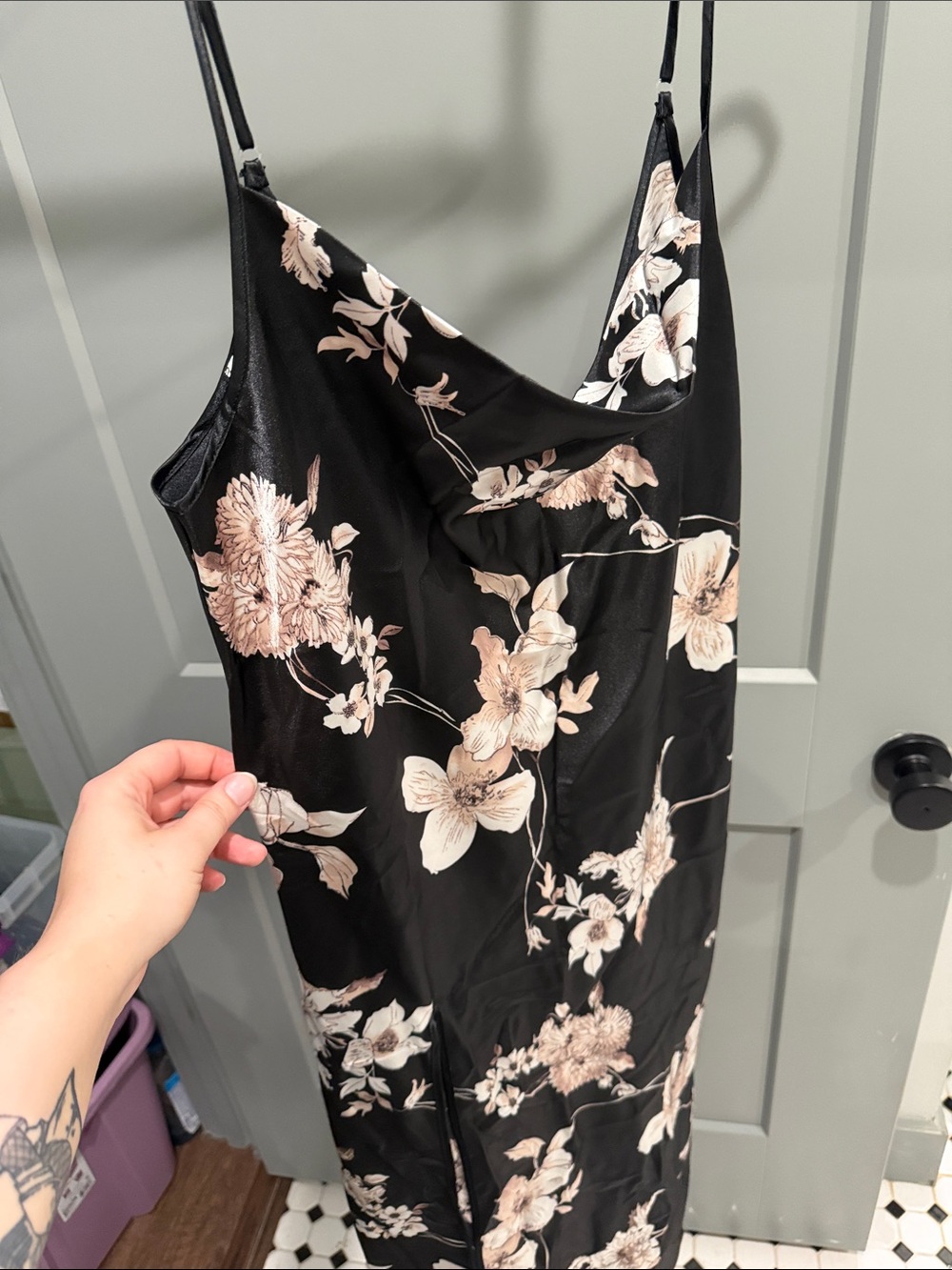 Black Floral Slip Dress with Pale Blush Blooms